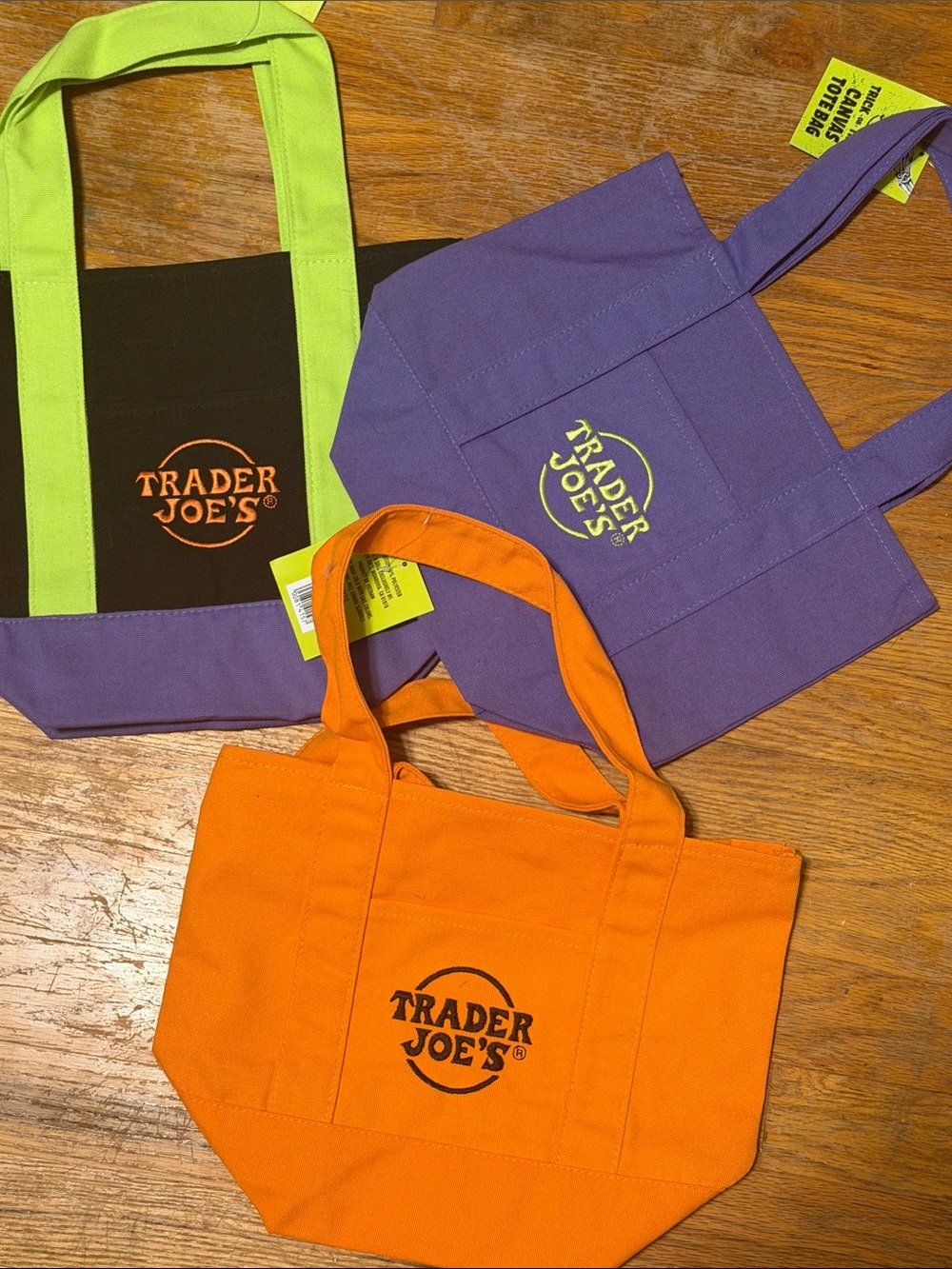 Trader Joe’s Halloween bags set new purple orange black green mini canvas tote